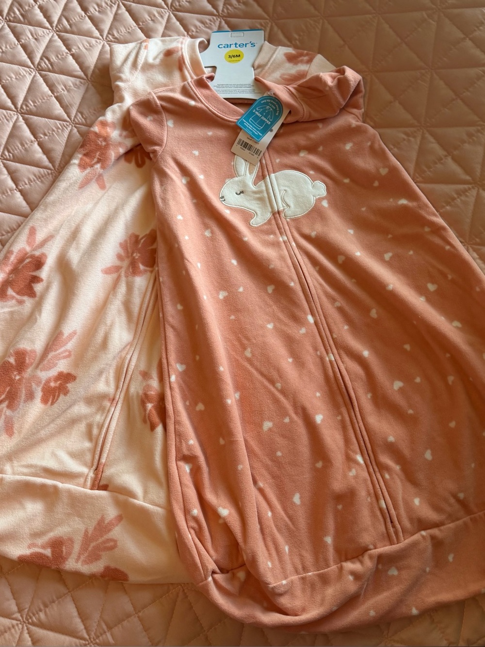 Carter's Peach Bunny Heart Sleep Sack with Floral Back